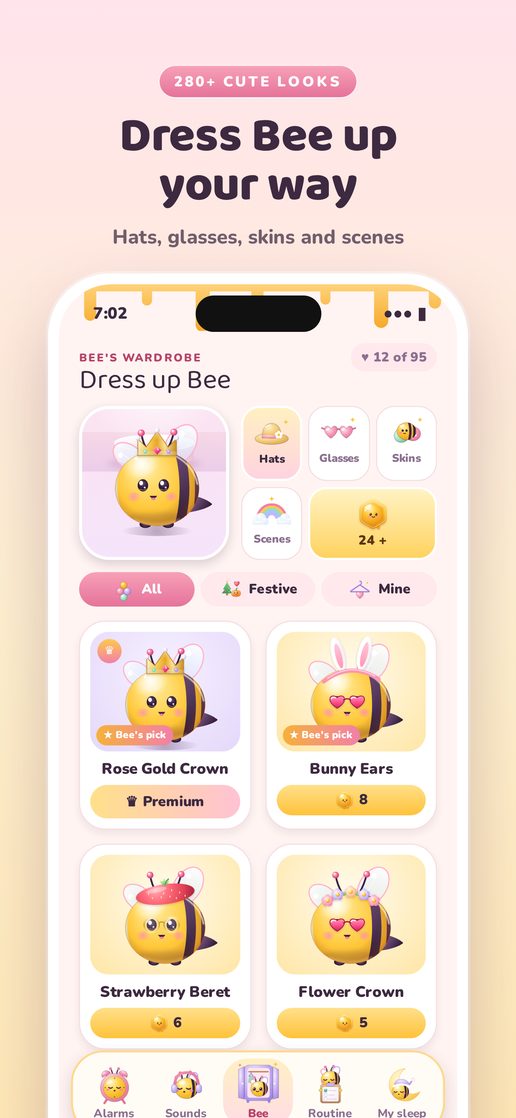 Bee's wardrobe: hats, glasses, skins and scenes.